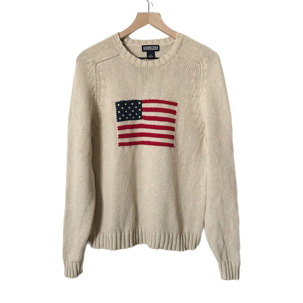 Lands End Sweater 100% Cotton Beige American Flag Intarsia Knit Size Medium